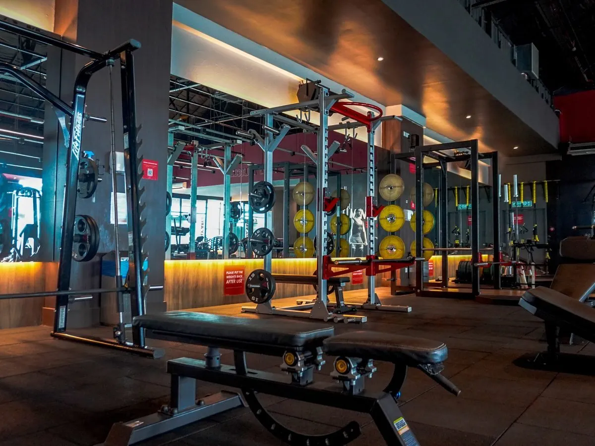 Racks and bumper plates at Level Up Fitness Saberkas