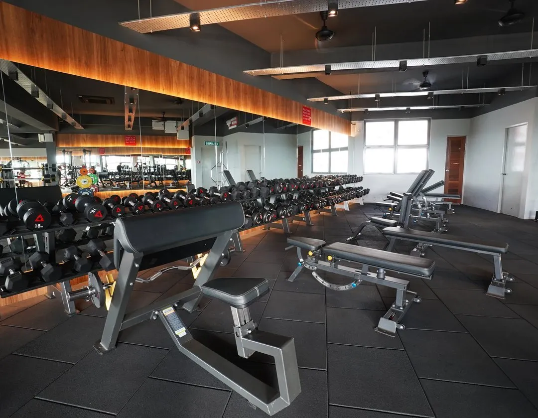 Free weights floor at Level Up Fitness Xpress Town Square, Bintulu